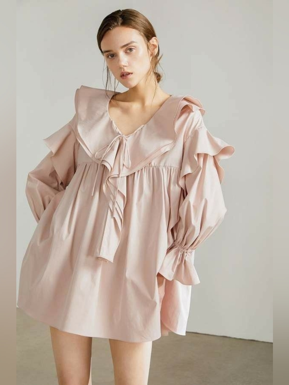 J.ing Beige Oversized Women Bohemian Princess Bridgerton Mini Dress-Size S/M